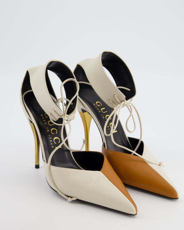 Gucci White and Brown Priscilla Charlotte Ankle Cuff Heel in Nappa Leather with Gold Heel Size EU 39.5