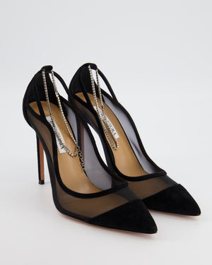 Aquazzura Black Secret Affair 105 Mesh and Suede Pump with Crystal Embellished Strap Size EU 40.5