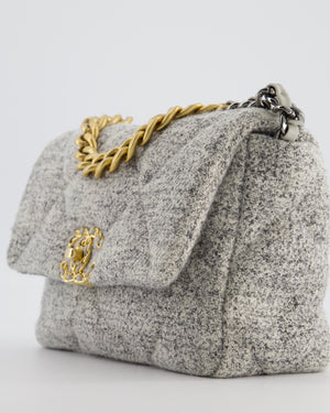 Chanel AW/21 19 Grey and White Quilted Tweed Flap Bag with Chain CC Logo and Gold, Silver and Ruthenium Hardware