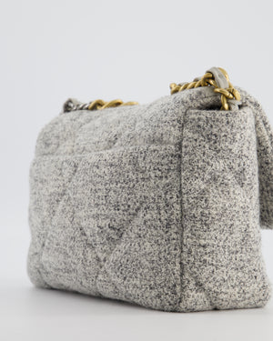 Chanel AW/21 19 Grey and White Quilted Tweed Flap Bag with Chain CC Logo and Gold, Silver and Ruthenium Hardware