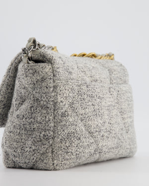 Chanel AW/21 19 Grey and White Quilted Tweed Flap Bag with Chain CC Logo and Gold, Silver and Ruthenium Hardware