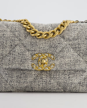 Chanel AW/21 19 Grey and White Quilted Tweed Flap Bag with Chain CC Logo and Gold, Silver and Ruthenium Hardware