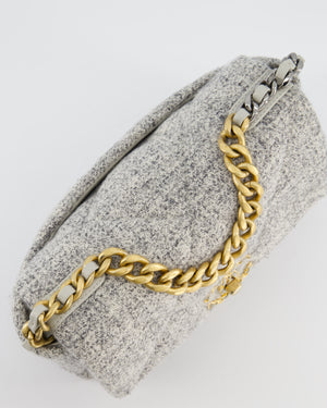 Chanel AW/21 19 Grey and White Quilted Tweed Flap Bag with Chain CC Logo and Gold, Silver and Ruthenium Hardware