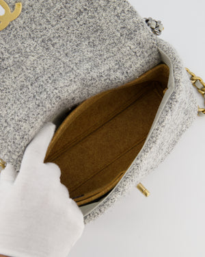 Chanel AW/21 19 Grey and White Quilted Tweed Flap Bag with Chain CC Logo and Gold, Silver and Ruthenium Hardware