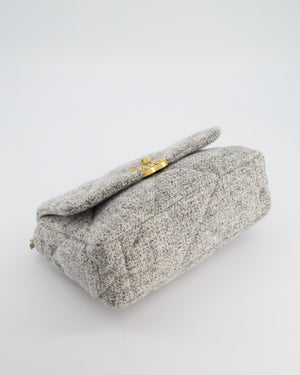 Chanel AW/21 19 Grey and White Quilted Tweed Flap Bag with Chain CC Logo and Gold, Silver and Ruthenium Hardware