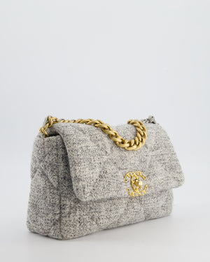 Chanel AW/21 19 Grey and White Quilted Tweed Flap Bag with Chain CC Logo and Gold, Silver and Ruthenium Hardware