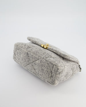 Chanel AW/21 19 Grey and White Quilted Tweed Flap Bag with Chain CC Logo and Gold, Silver and Ruthenium Hardware
