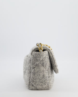 Chanel AW/21 19 Grey and White Quilted Tweed Flap Bag with Chain CC Logo and Gold, Silver and Ruthenium Hardware