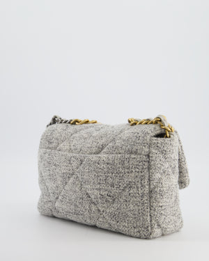 Chanel AW/21 19 Grey and White Quilted Tweed Flap Bag with Chain CC Logo and Gold, Silver and Ruthenium Hardware