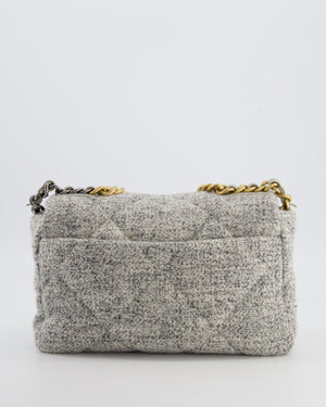 Chanel AW/21 19 Grey and White Quilted Tweed Flap Bag with Chain CC Logo and Gold, Silver and Ruthenium Hardware