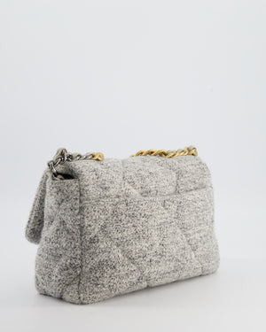 Chanel AW/21 19 Grey and White Quilted Tweed Flap Bag with Chain CC Logo and Gold, Silver and Ruthenium Hardware
