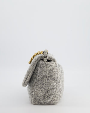 Chanel AW/21 19 Grey and White Quilted Tweed Flap Bag with Chain CC Logo and Gold, Silver and Ruthenium Hardware