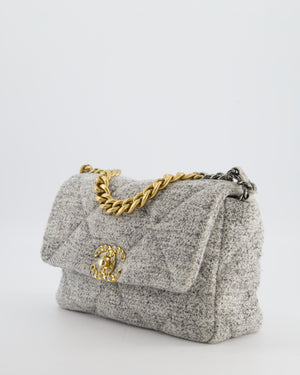 Chanel AW/21 19 Grey and White Quilted Tweed Flap Bag with Chain CC Logo and Gold, Silver and Ruthenium Hardware