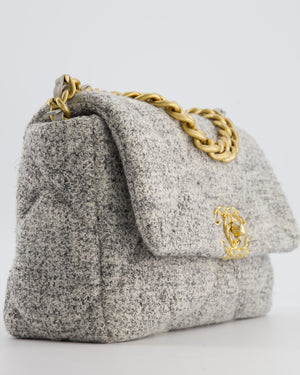 Chanel AW/21 19 Grey and White Quilted Tweed Flap Bag with Chain CC Logo and Gold, Silver and Ruthenium Hardware