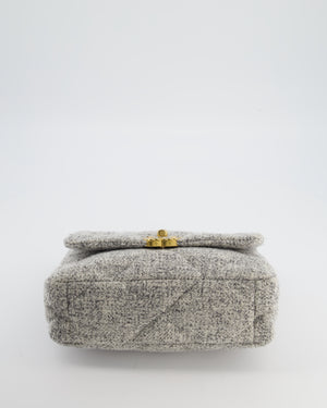 Chanel AW/21 19 Grey and White Quilted Tweed Flap Bag with Chain CC Logo and Gold, Silver and Ruthenium Hardware