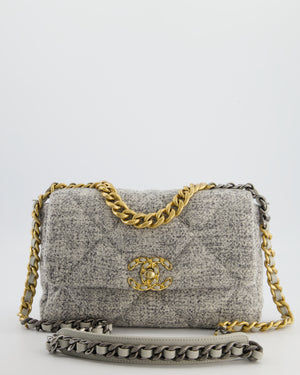 Chanel AW/21 19 Grey and White Quilted Tweed Flap Bag with Chain CC Logo and Gold, Silver and Ruthenium Hardware