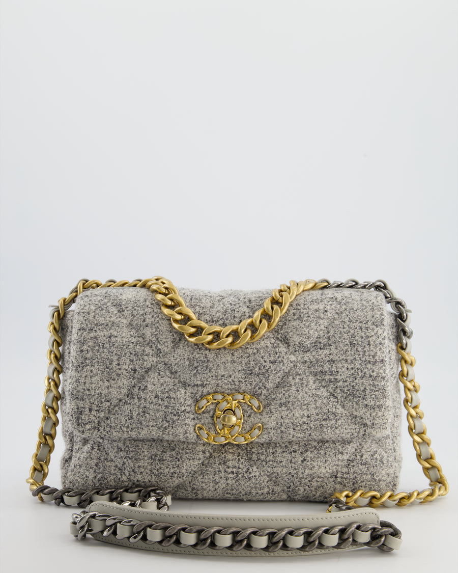 Chanel AW/21 19 Grey and White Quilted Tweed Flap Bag with Chain CC Logo and Gold, Silver and Ruthenium Hardware