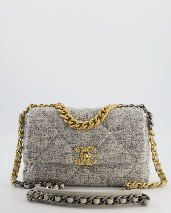 Chanel AW/21 19 Grey and White Quilted Tweed Flap Bag with Chain CC Logo and Gold, Silver and Ruthenium Hardware