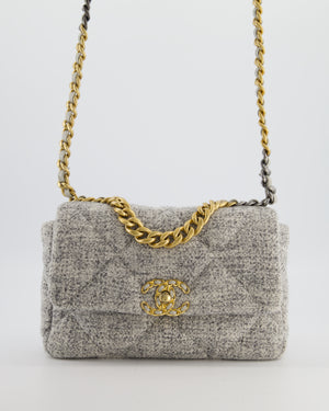 Chanel AW/21 19 Grey and White Quilted Tweed Flap Bag with Chain CC Logo and Gold, Silver and Ruthenium Hardware