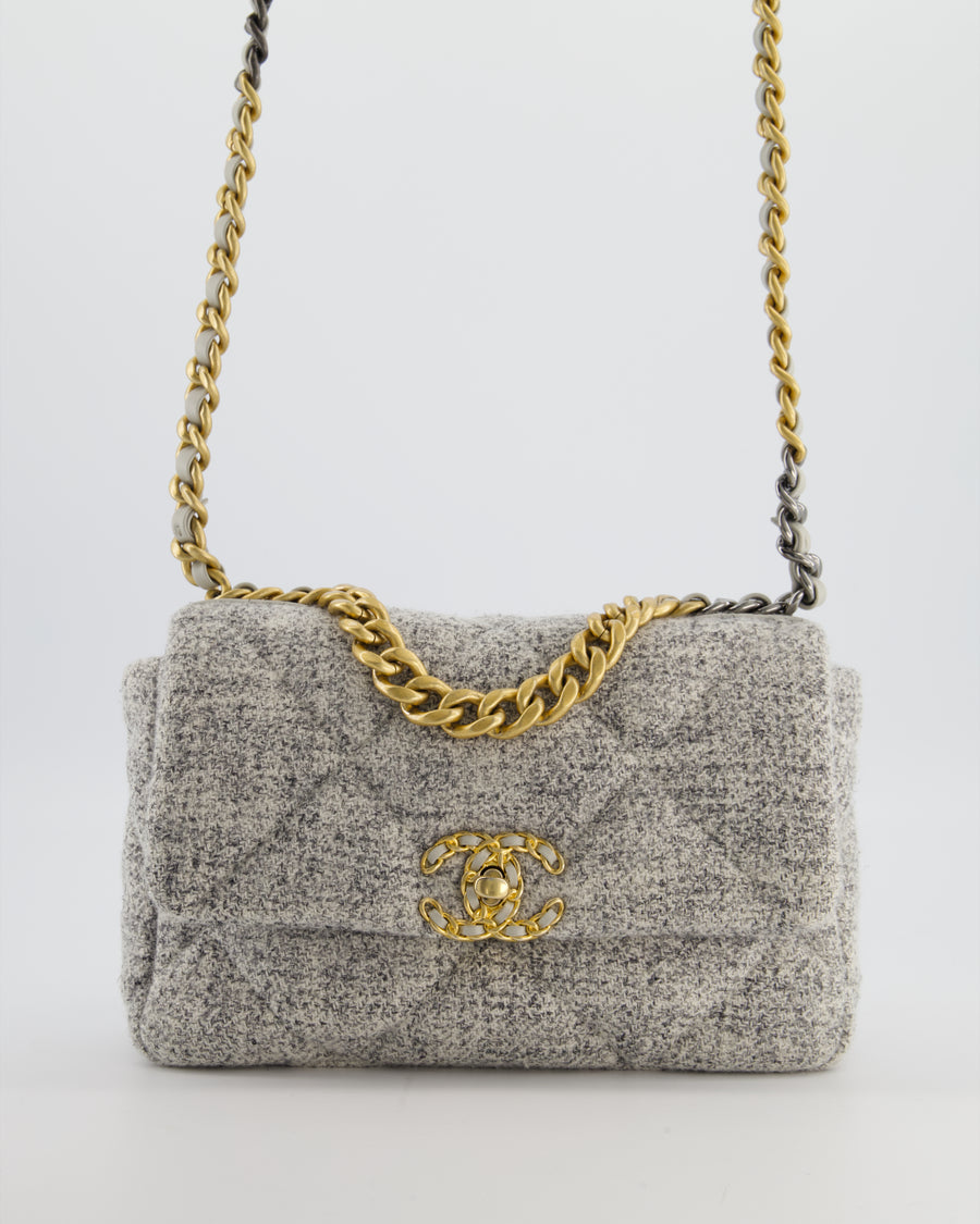 Chanel AW/21 19 Grey and White Quilted Tweed Flap Bag with Chain CC Logo and Gold, Silver and Ruthenium Hardware