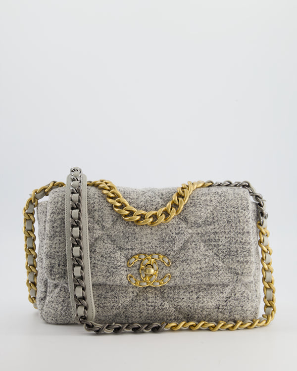 Chanel AW/21 19 Grey and White Quilted Tweed Flap Bag with Chain CC Logo and Gold, Silver and Ruthenium Hardware