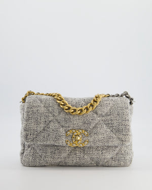 Chanel AW/21 19 Grey and White Quilted Tweed Flap Bag with Chain CC Logo and Gold, Silver and Ruthenium Hardware