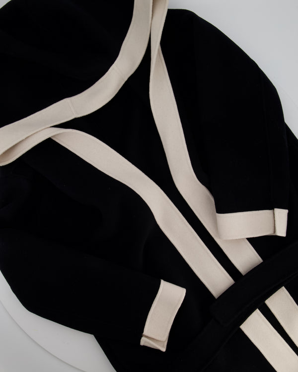 S Max Mara Black Hooded Wool Coat with Belt and White Trim Detail Size IT 40 (UK 8)
