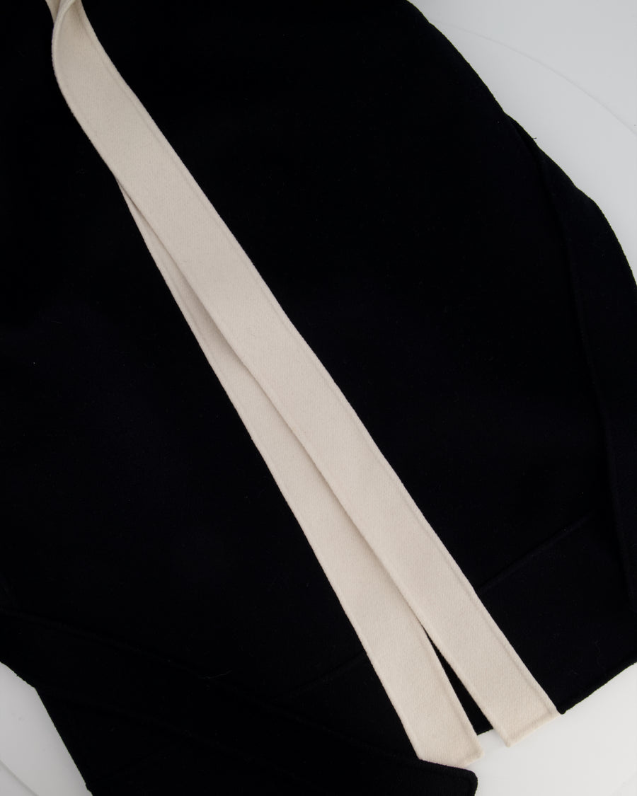 S Max Mara Black Hooded Wool Coat with Belt and White Trim Detail Size IT 40 (UK 8)