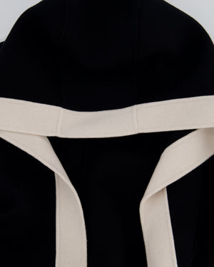 S Max Mara Black Hooded Wool Coat with Belt and White Trim Detail Size IT 40 (UK 8)