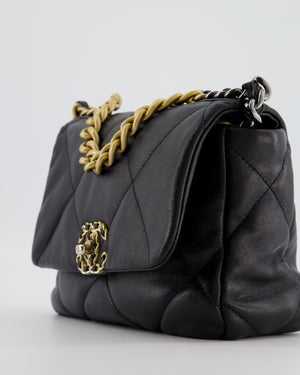 Chanel 19 Black Lambskin Flap Bag with Chain CC Logo and Gold, Silver and Ruthenium Hardware