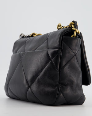Chanel 19 Black Lambskin Flap Bag with Chain CC Logo and Gold, Silver and Ruthenium Hardware