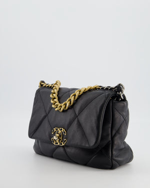 Chanel 19 Black Lambskin Flap Bag with Chain CC Logo and Gold, Silver and Ruthenium Hardware