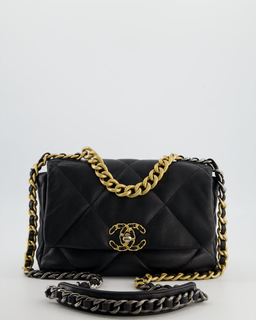 Chanel 19 Black Lambskin Flap Bag with Chain CC Logo and Gold, Silver and Ruthenium Hardware