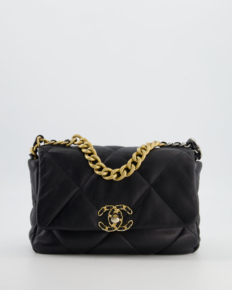 Chanel 19 Black Lambskin Flap Bag with Chain CC Logo and Gold, Silver and Ruthenium Hardware
