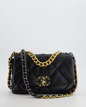 Chanel 19 Black Lambskin Flap Bag with Chain CC Logo and Gold, Silver and Ruthenium Hardware