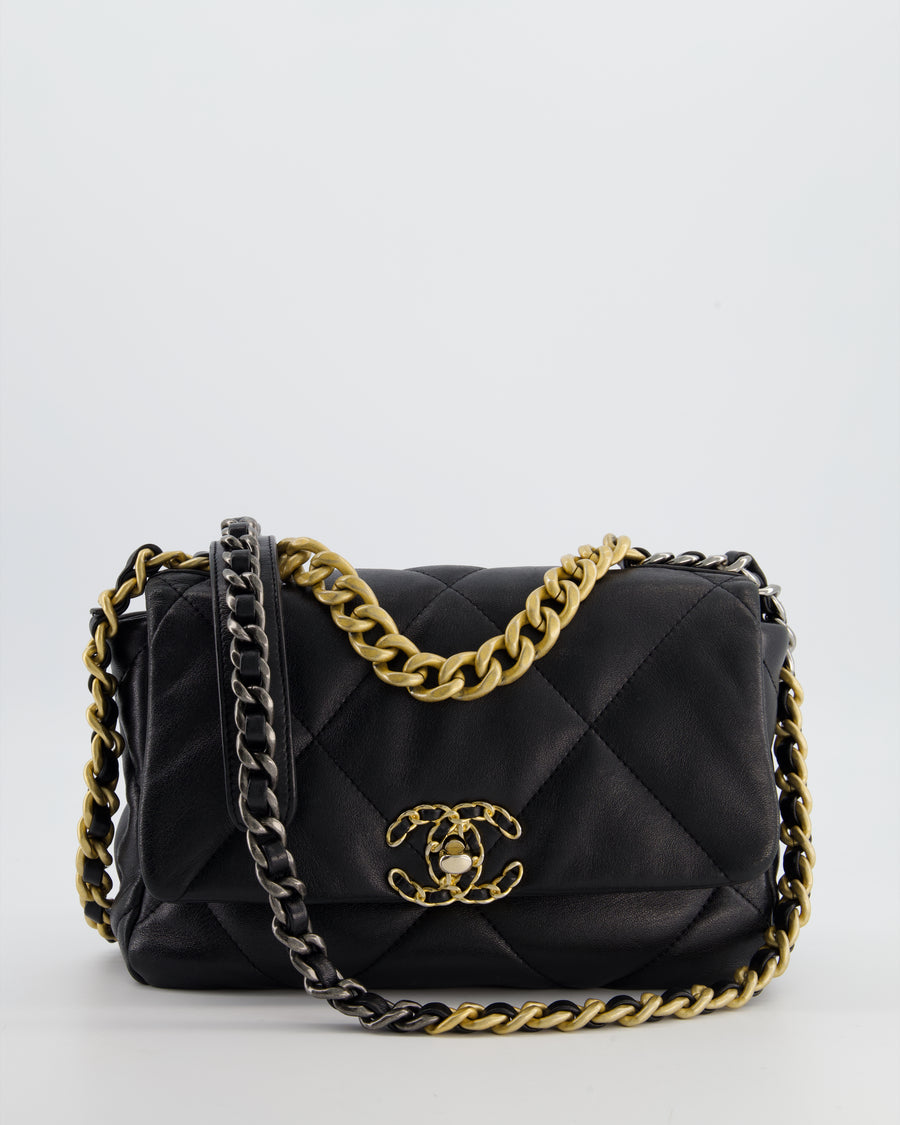 Chanel 19 Black Lambskin Flap Bag with Chain CC Logo and Gold, Silver and Ruthenium Hardware