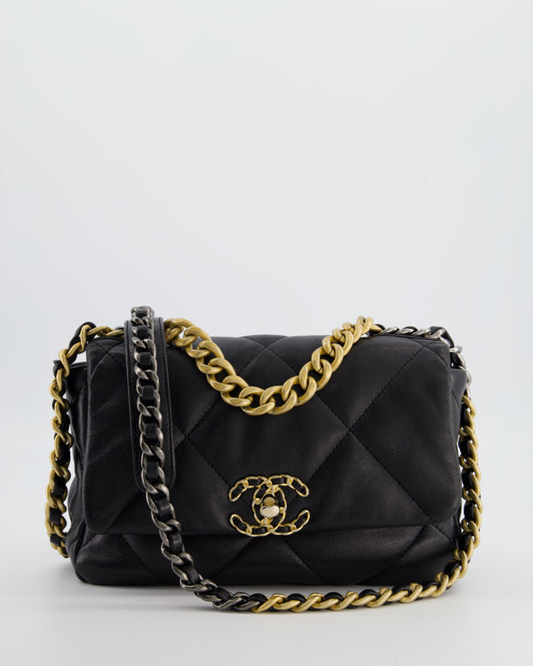 Chanel 19 Black Lambskin Flap Bag with Chain CC Logo and Gold, Silver and Ruthenium Hardware