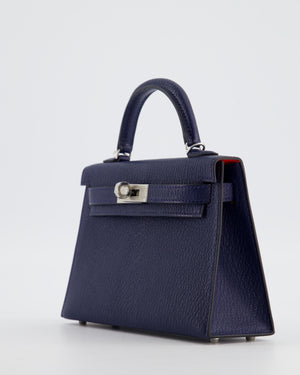 Hermès Mini Kelly II 20 Verso Bag in Bleu Encre and Rouge de Coeur Chevre Mysore Leather with Palladium Hardware