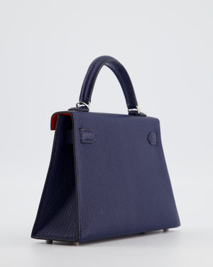 Hermès Mini Kelly II 20 Verso Bag in Bleu Encre and Rouge de Coeur Chevre Mysore Leather with Palladium Hardware