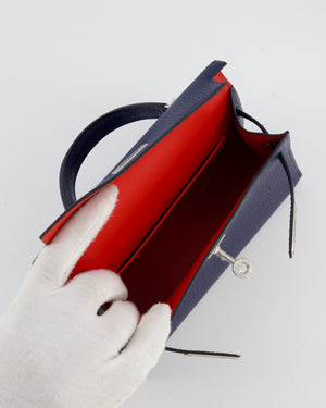 Hermès Mini Kelly II 20 Verso Bag in Bleu Encre and Rouge de Coeur Chevre Mysore Leather with Palladium Hardware