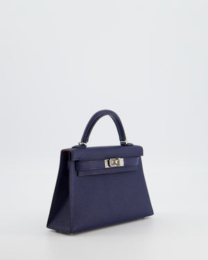 Hermès Mini Kelly II 20 Verso Bag in Bleu Encre and Rouge de Coeur Chevre Mysore Leather with Palladium Hardware