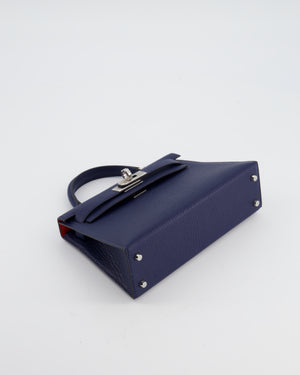 Hermès Mini Kelly II 20 Verso Bag in Bleu Encre and Rouge de Coeur Chevre Mysore Leather with Palladium Hardware