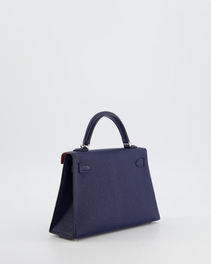 Hermès Mini Kelly II 20 Verso Bag in Bleu Encre and Rouge de Coeur Chevre Mysore Leather with Palladium Hardware