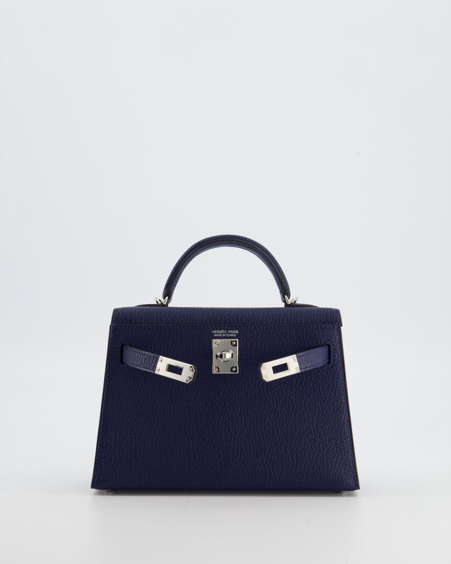 Hermès Mini Kelly II 20 Verso Bag in Bleu Encre and Rouge de Coeur Chevre Mysore Leather with Palladium Hardware