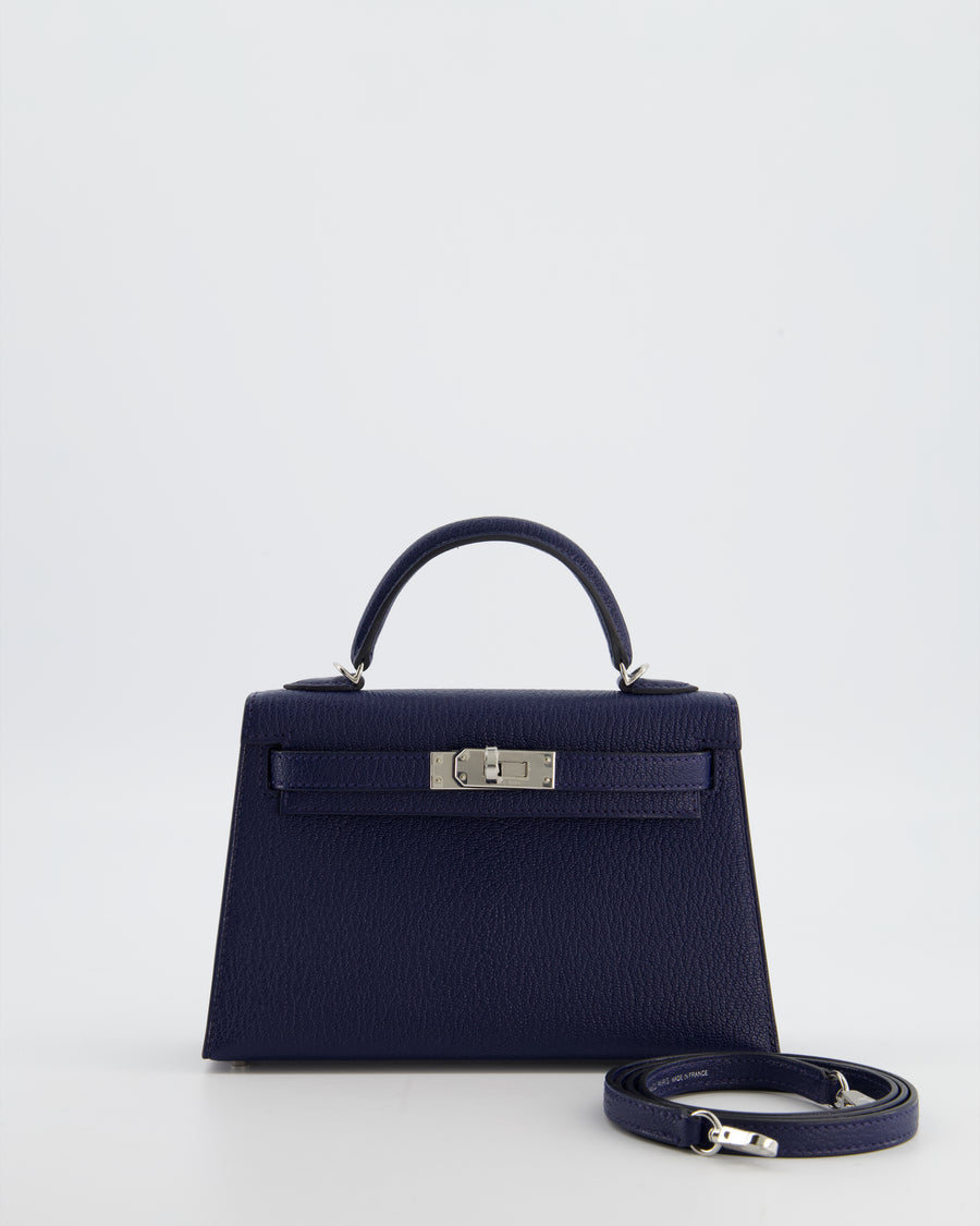 Hermès Mini Kelly II 20 Verso Bag in Bleu Encre and Rouge de Coeur Chevre Mysore Leather with Palladium Hardware