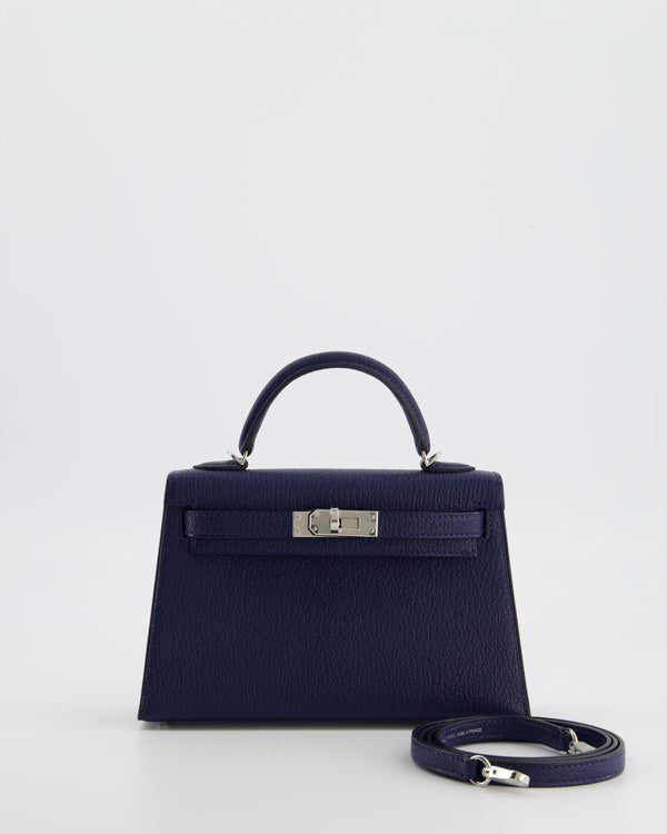 Hermès Mini Kelly II 20 Verso Bag in Bleu Encre and Rouge de Coeur Chevre Mysore Leather with Palladium Hardware