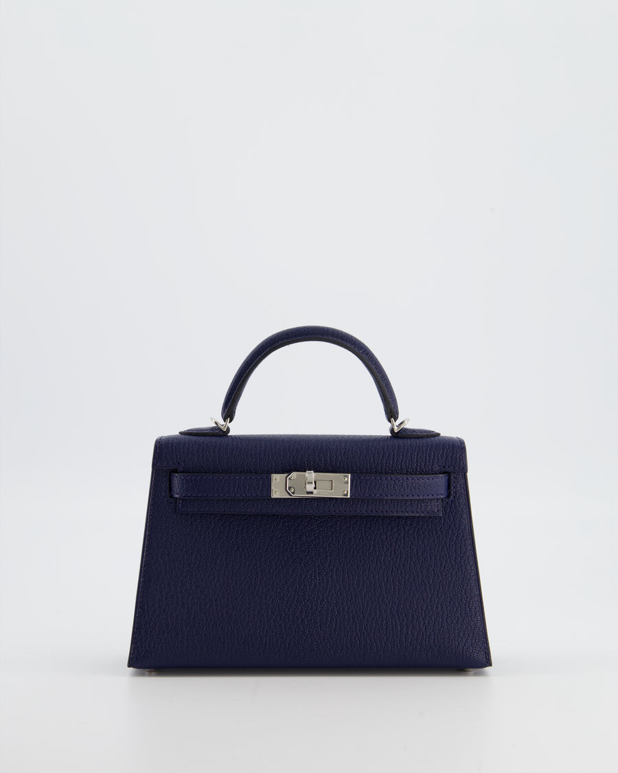 Hermès Mini Kelly II 20 Verso Bag in Bleu Encre and Rouge de Coeur Chevre Mysore Leather with Palladium Hardware