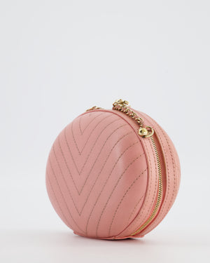 Chanel 2019 Pink Runway La Pausa Round Evening bag in Chevron with Gold Hardware and Charm Chain