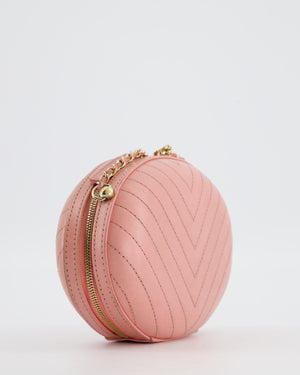 Chanel 2019 Pink Runway La Pausa Round Evening bag in Chevron with Gold Hardware and Charm Chain