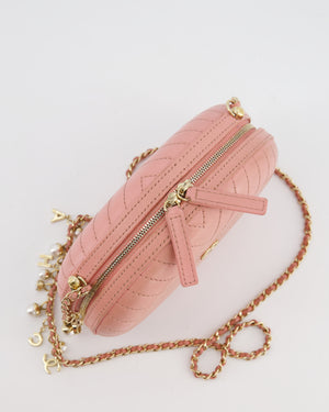 Chanel 2019 Pink Runway La Pausa Round Evening bag in Chevron with Gold Hardware and Charm Chain